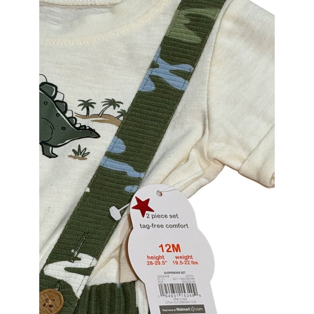 NWT Wonder Nation Baby Boys 12M 2-Piece Outfit Set Dinosaur Shirt & Suspenders - Picture 4 of 5